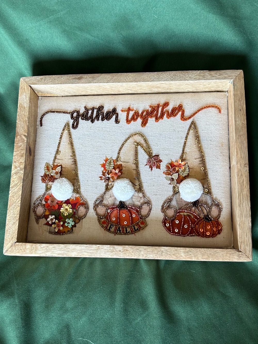Autumn Gnome Trio Wall Art - Beaded Handstitched